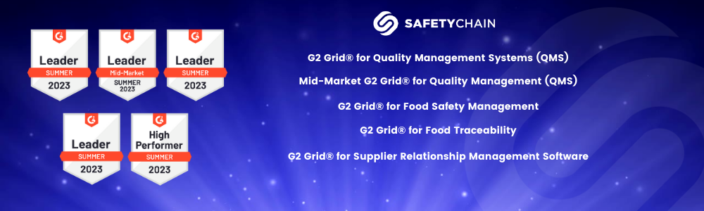 SafetyChain is Summer 2023 G2 Grid Leader for QMS, Food Safety, Food Traceability, Supplier Relationship Management